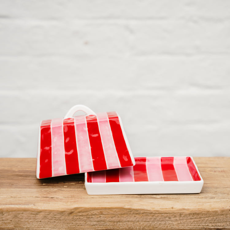 Large Butter Dish Pink & Red Stripe