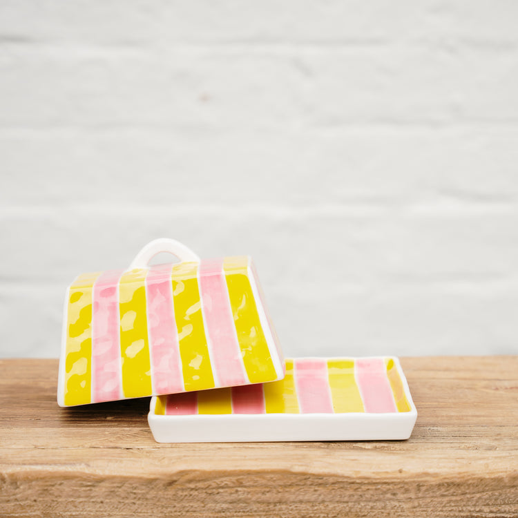 Large Butter Dish Pink & Yellow Stripe