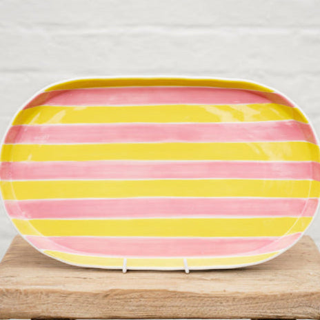 Large Oval Platter - Pink & Yellow Stripes