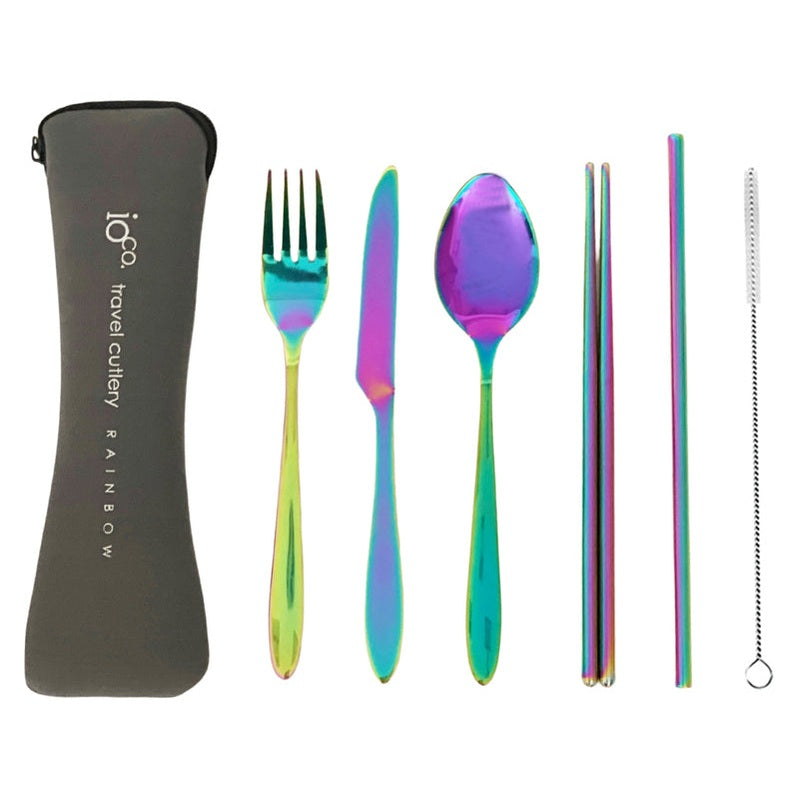 IOco re-use Stainless Steel Travel Cutlery Set of 6 Rose Rainbow Cutlery | Grey Case
