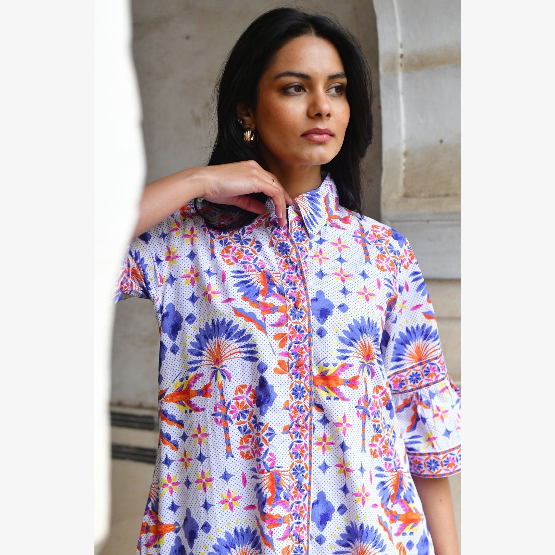 Bird of Paradise Shirt Dress - Azure and Indigo