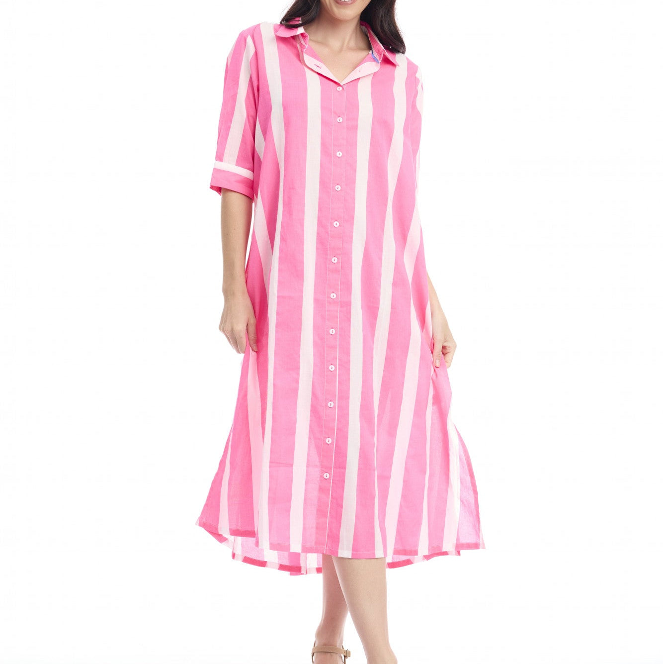 Stripe Dress Long Buttonthrough - Pink