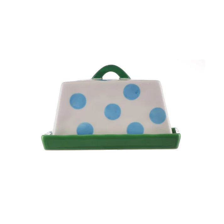 Large Butter Dish - Blue Spots with Green Handle & Tray