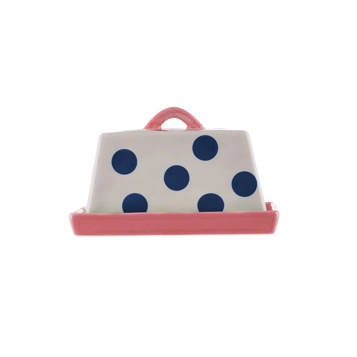 Large Butter Dish - Navy Spots with Pink Handle & Tray