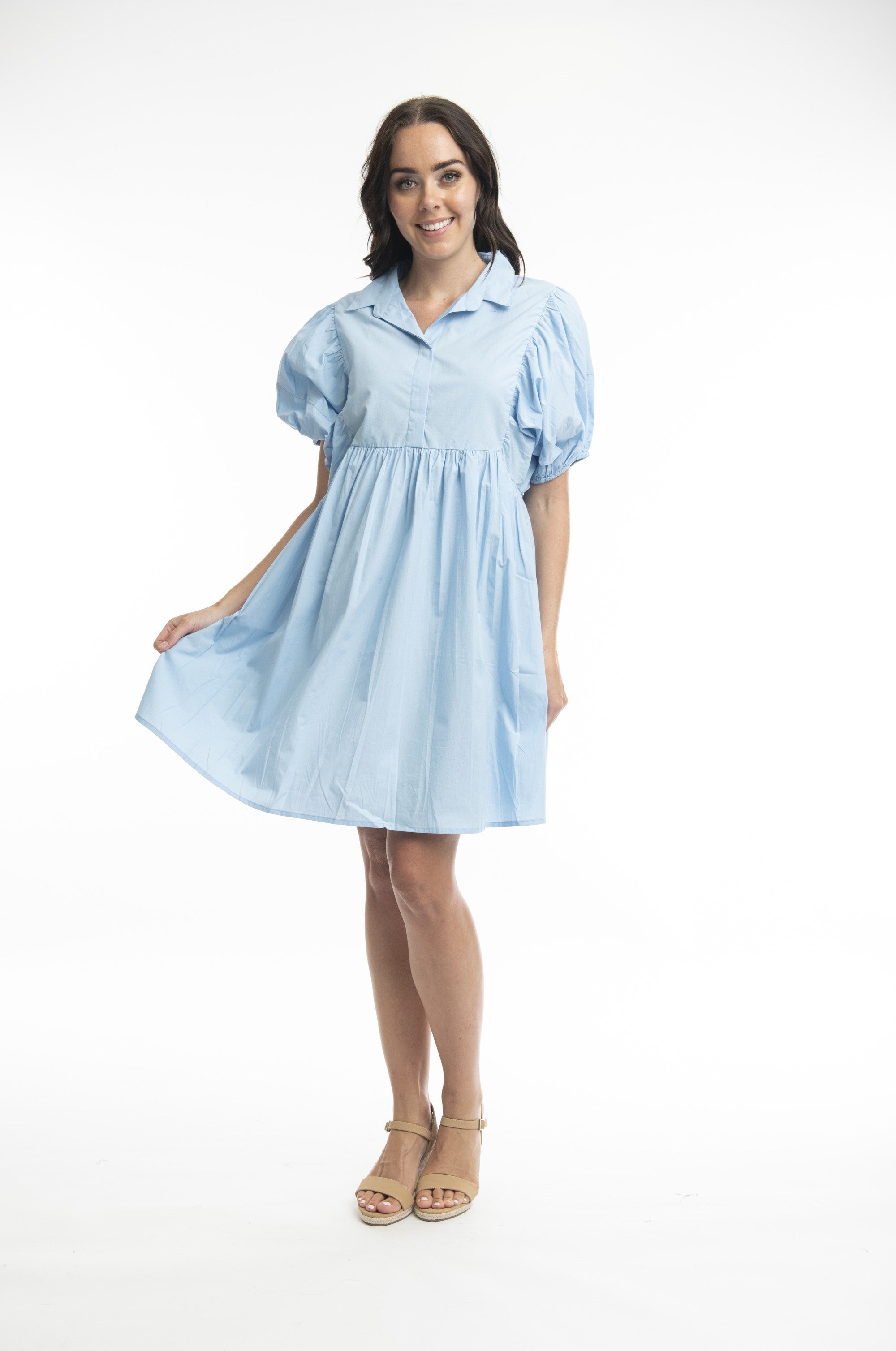 ESSENTIALS DRESS BUBBLE SLEEVE - CHAMBRAY
