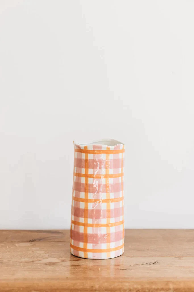 Noss & Co LARGE PINK AND ORANGE GINGHAM VASE